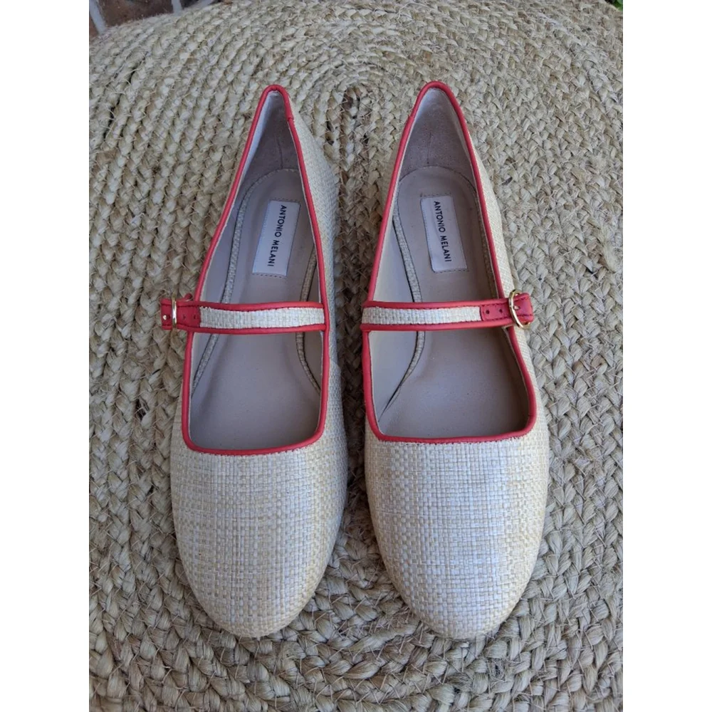 Antonio Melani Ruth Raffia Mary Jane Flats & Loafers Size 9 Beige Red EUC - Picture 2 of 11